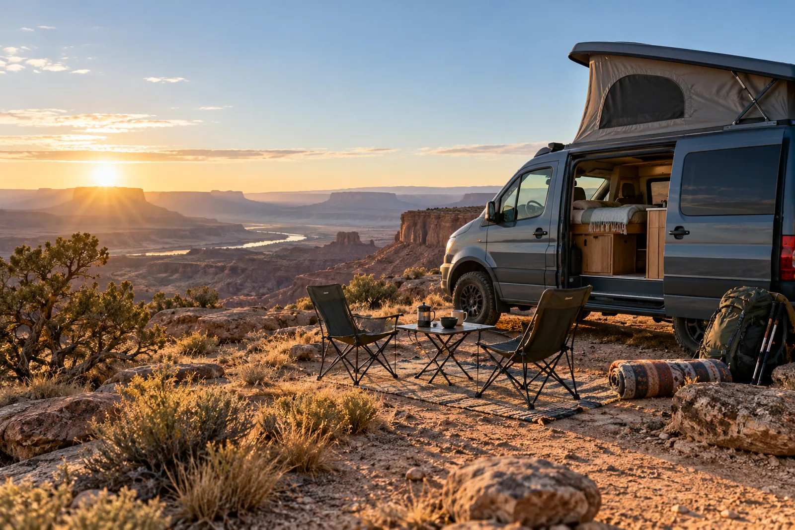 Outdoor accessories beside a camper van